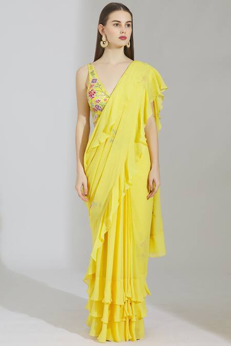 Buy_Rajat & Shraddha_Yellow Georgette V Neck Embellished Pre-draped Saree  _Online_at_Aza_Fashions