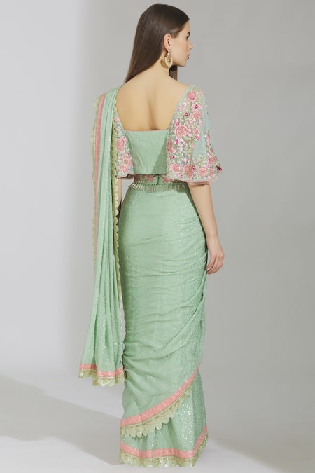 Shop_Rajat & Shraddha_Green Georgette Sweetheart Neck Embellished Pre-draped Saree _at_Aza_Fashions