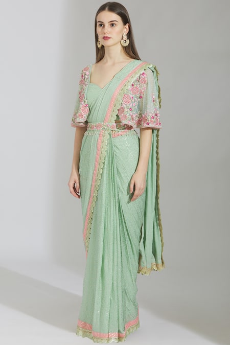 Rajat & Shraddha_Green Georgette Sweetheart Neck Embellished Pre-draped Saree _Online_at_Aza_Fashions