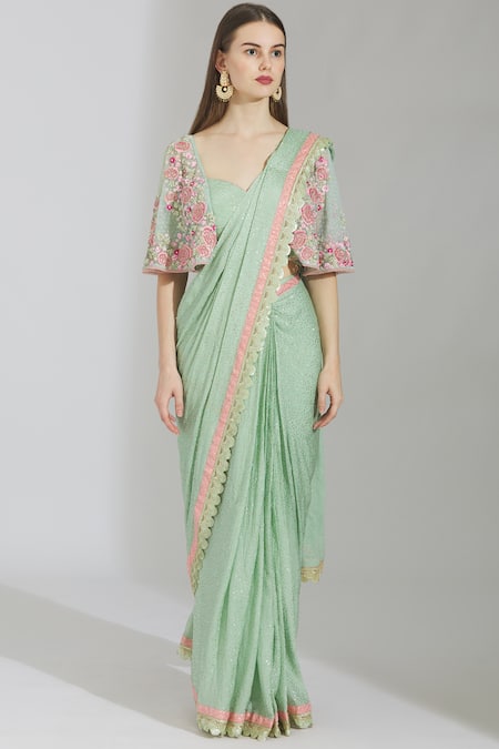 Buy_Rajat & Shraddha_Green Georgette Sweetheart Neck Embellished Pre-draped Saree _Online_at_Aza_Fashions