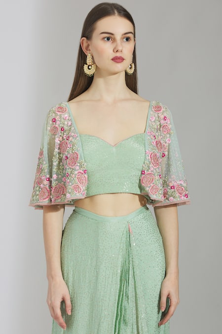 Shop_Rajat & Shraddha_Green Georgette Sweetheart Neck Embellished Pre-draped Saree _Online_at_Aza_Fashions