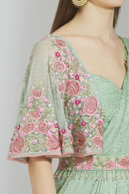 Rajat & Shraddha_Green Georgette Sweetheart Neck Embellished Pre-draped Saree _at_Aza_Fashions
