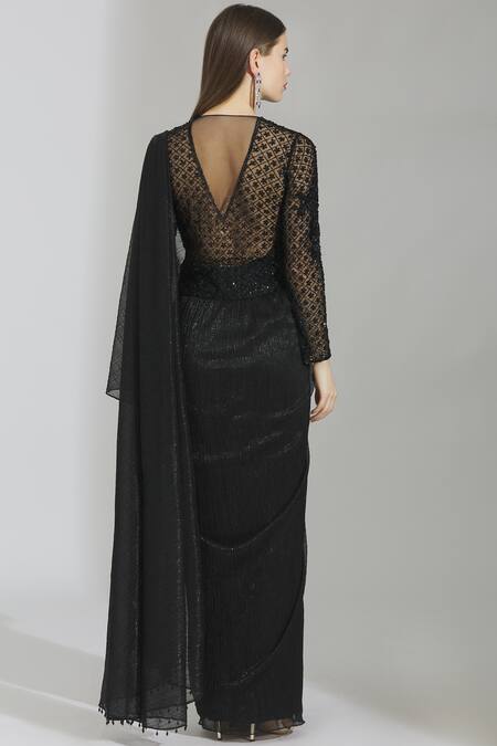 Shop_Rajat & Shraddha_Black Lycra Round Embellished Pre-draped Gown Saree  _at_Aza_Fashions