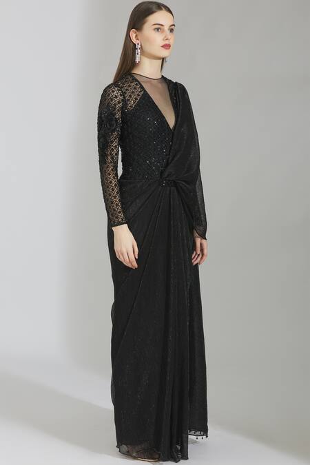 Rajat & Shraddha_Black Lycra Round Embellished Pre-draped Gown Saree  _Online_at_Aza_Fashions