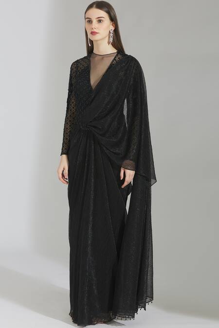 Buy_Rajat & Shraddha_Black Lycra Round Embellished Pre-draped Gown Saree  _Online_at_Aza_Fashions