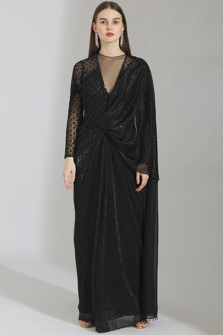 Shop_Rajat & Shraddha_Black Lycra Round Embellished Pre-draped Gown Saree  _Online_at_Aza_Fashions