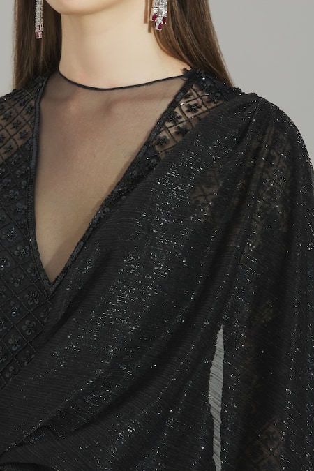 Rajat & Shraddha_Black Lycra Round Embellished Pre-draped Gown Saree  _at_Aza_Fashions