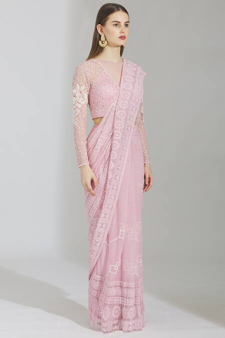 Rajat & Shraddha_Peach Georgette V Neck Embellished Pre-draped Saree  _Online_at_Aza_Fashions