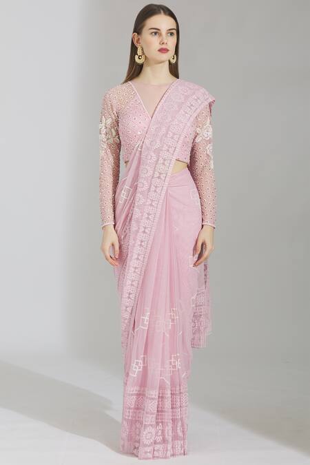 Buy_Rajat & Shraddha_Peach Georgette V Neck Embellished Pre-draped Saree  _Online_at_Aza_Fashions