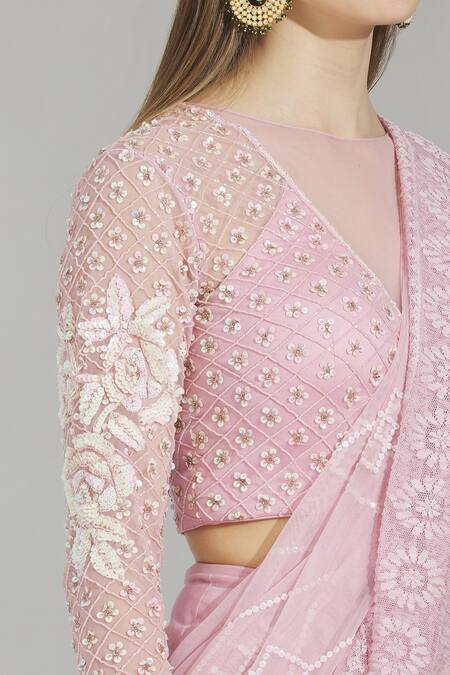 Rajat & Shraddha_Peach Georgette V Neck Embellished Pre-draped Saree  _at_Aza_Fashions
