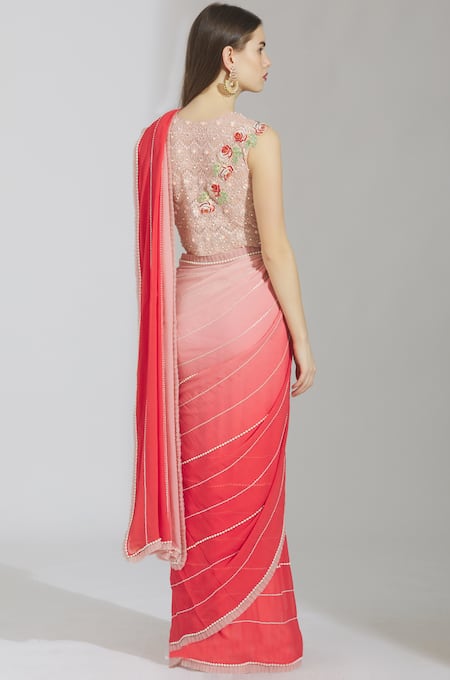 Shop_Rajat & Shraddha_Pink Georgette Round Embellished Pre-draped Saree  _at_Aza_Fashions