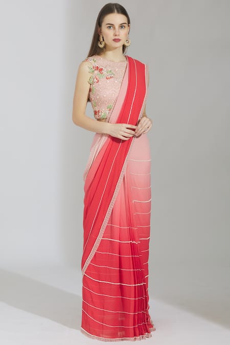 Rajat & Shraddha_Pink Georgette Round Embellished Pre-draped Saree  _Online_at_Aza_Fashions