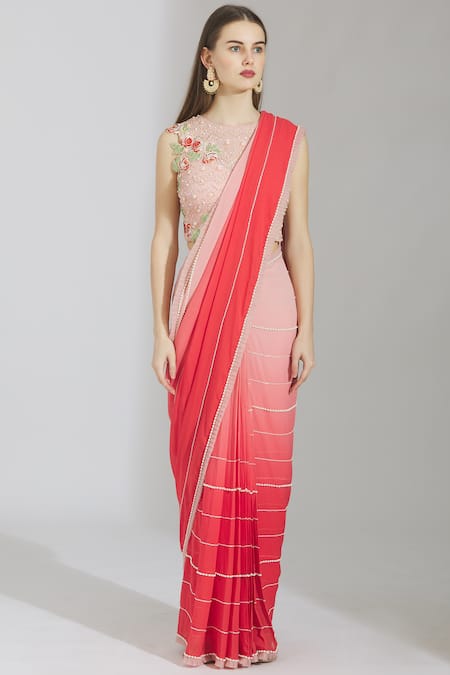 Buy_Rajat & Shraddha_Pink Georgette Round Embellished Pre-draped Saree  _Online_at_Aza_Fashions