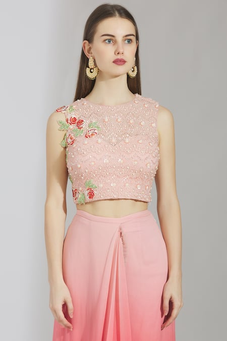 Shop_Rajat & Shraddha_Pink Georgette Round Embellished Pre-draped Saree  _Online_at_Aza_Fashions