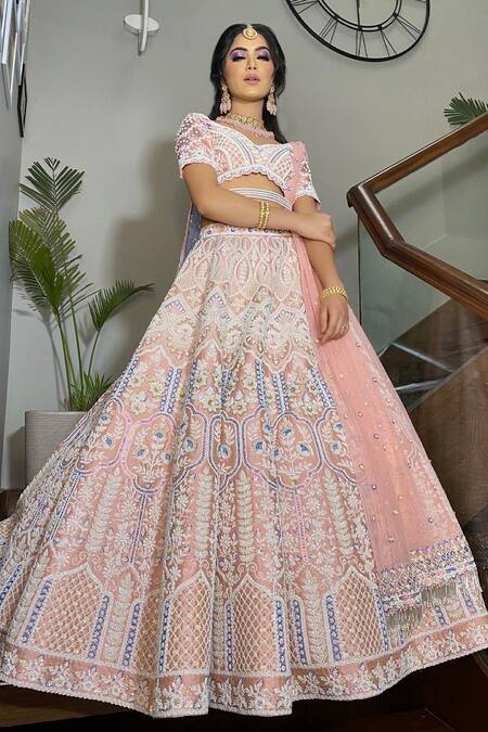 Riantas_Pink Raw Silk V Neck Embroidered Bridal Lehenga Set  _Online_at_Aza_Fashions