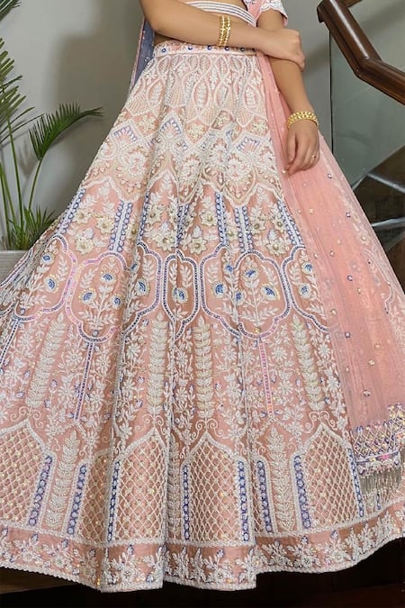 Buy_Riantas_Pink Raw Silk V Neck Embroidered Bridal Lehenga Set  _Online_at_Aza_Fashions