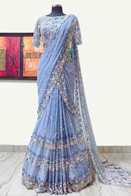 Buy_Riantas_Blue Raw Silk Round Embroidered Lehenga Saree With Blouse  _at_Aza_Fashions