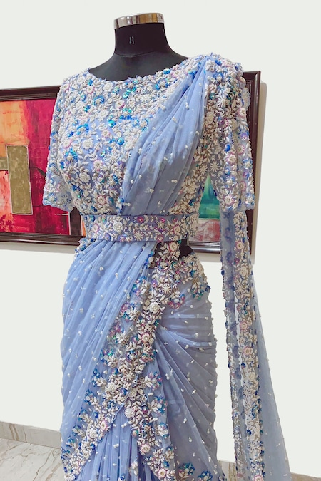 Shop_Riantas_Blue Raw Silk Round Embroidered Lehenga Saree With Blouse  _at_Aza_Fashions