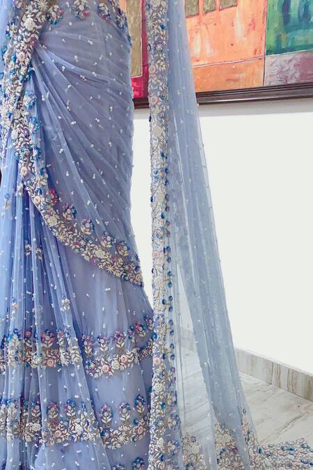 Riantas_Blue Raw Silk Round Embroidered Lehenga Saree With Blouse  _Online_at_Aza_Fashions