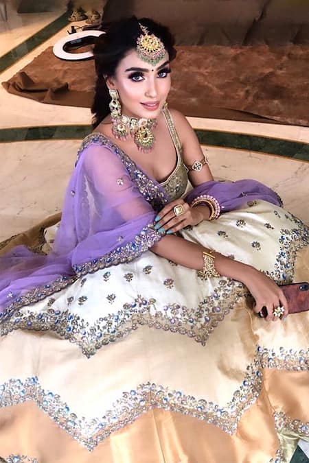 Shop_Riantas_Gold Raw Silk, Tulle Scoop Neck Embroidered Lehenga Set_at_Aza_Fashions