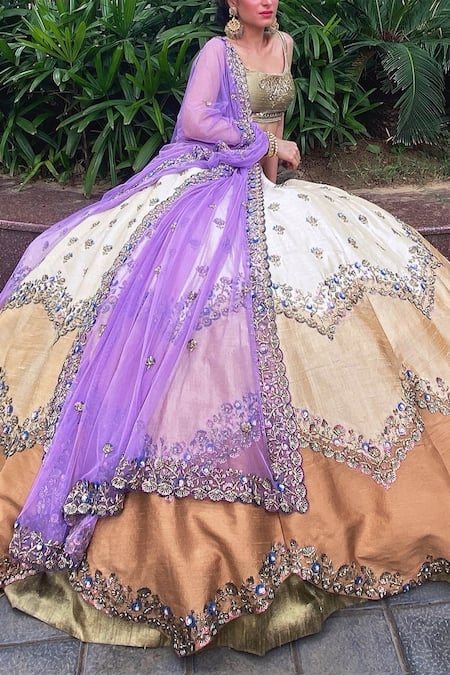 Riantas_Gold Raw Silk, Tulle Scoop Neck Embroidered Lehenga Set_Online_at_Aza_Fashions
