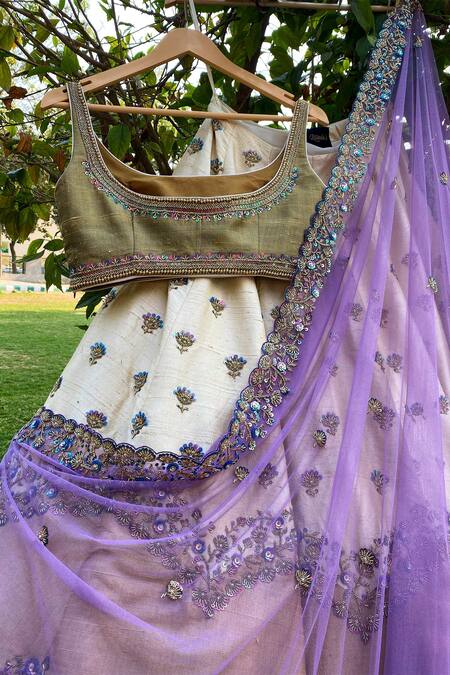 Shop_Riantas_Gold Raw Silk, Tulle Scoop Neck Embroidered Lehenga Set_Online_at_Aza_Fashions