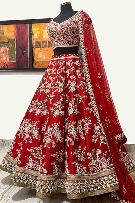 Riantas Red Raw Silk V Neck Embroidered Bridal Lehenga Set