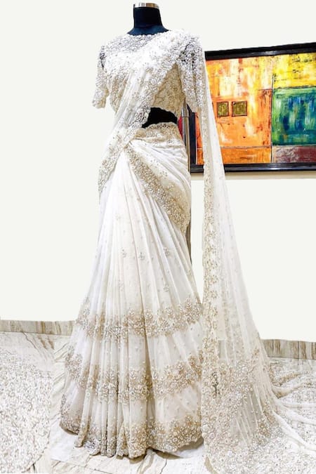 Buy Women's Georgette off white ruffle frill lehenga saree embellished with  mirror work (D26; Multicolour) at Amazon.in