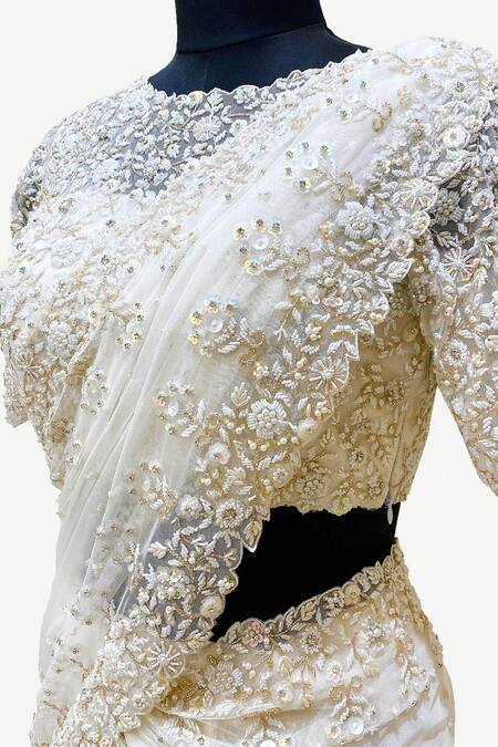 Shop_Riantas_White Net Round Embroidered Lehenga Saree With Blouse _at_Aza_Fashions