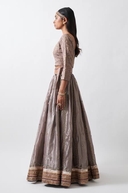 Rhua_Silver Pure Cotton Silk Floral Motifs, Zardozi Banarasi Embroidered Lehenga Set _Online_at_Aza_Fashions