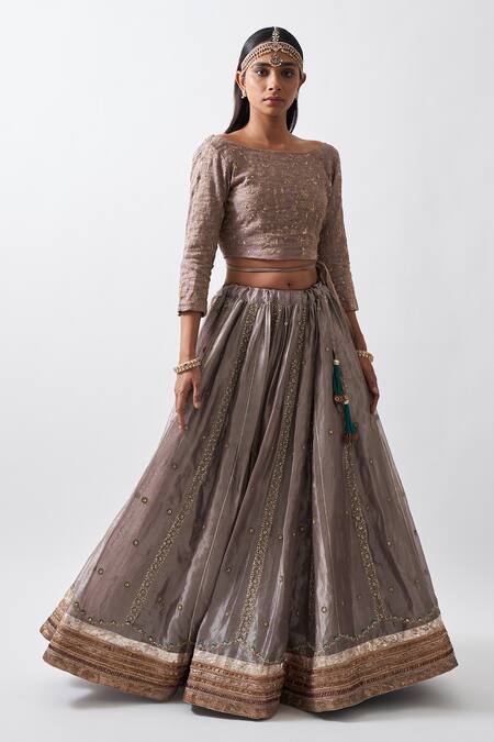Buy_Rhua_Silver Pure Cotton Silk Floral Motifs, Zardozi Banarasi Embroidered Lehenga Set _Online_at_Aza_Fashions