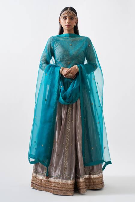 Shop_Rhua_Silver Pure Cotton Silk Floral Motifs, Zardozi Banarasi Embroidered Lehenga Set _Online_at_Aza_Fashions