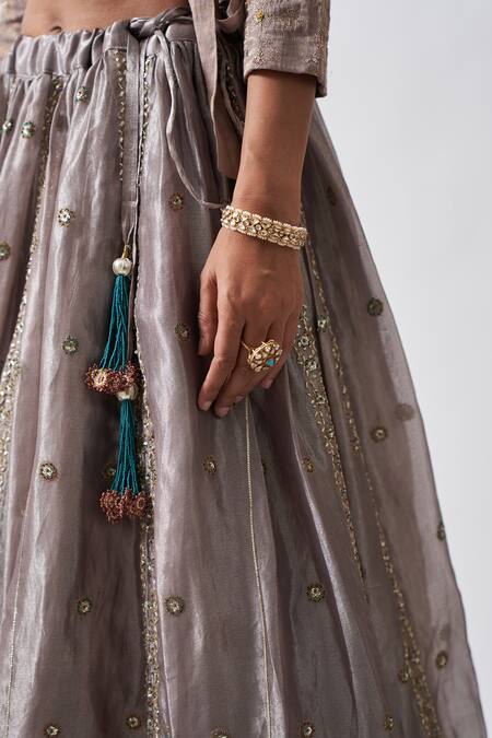 Rhua_Silver Pure Cotton Silk Floral Motifs, Zardozi Banarasi Embroidered Lehenga Set _at_Aza_Fashions