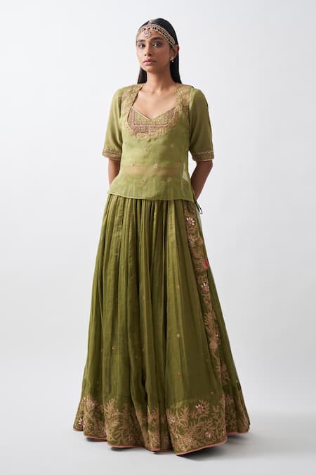 Rhua_Green Pure Cotton Silk Floral, Zardozi Work V Neck Tissue Chanderi Lehenga Set _Online_at_Aza_Fashions