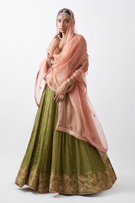 Buy_Rhua_Green Pure Cotton Silk Floral, Zardozi Work V Neck Tissue Chanderi Lehenga Set _Online_at_Aza_Fashions