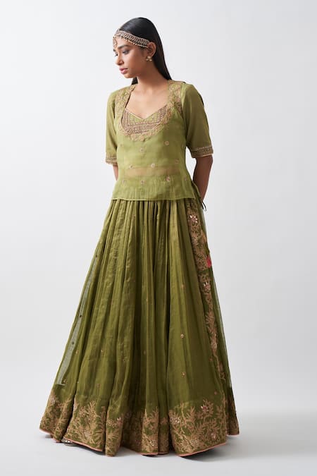 Shop_Rhua_Green Pure Cotton Silk Floral, Zardozi Work V Neck Tissue Chanderi Lehenga Set _Online_at_Aza_Fashions