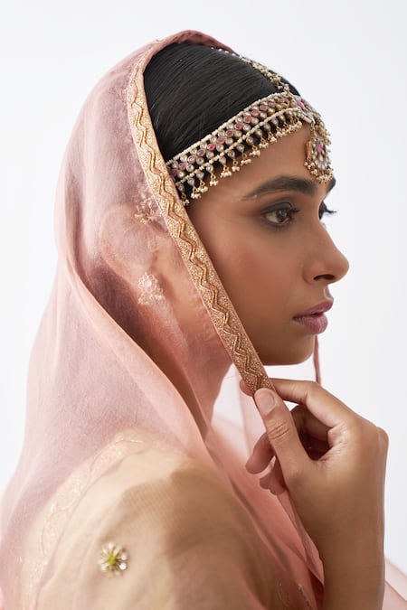 Rhua_Green Pure Cotton Silk Floral, Zardozi Work V Neck Tissue Chanderi Lehenga Set _at_Aza_Fashions