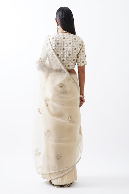 Shop_Rhua_Gold Pure Cotton Silk Zardozi Work Leaf Geometric Embroidered Saree With Blouse _at_Aza_Fashions