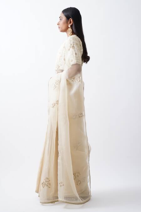 Rhua_Gold Pure Cotton Silk Zardozi Work Leaf Geometric Embroidered Saree With Blouse _Online_at_Aza_Fashions