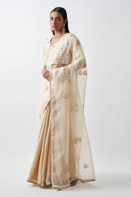 Buy_Rhua_Gold Pure Cotton Silk Zardozi Work Leaf Geometric Embroidered Saree With Blouse _Online_at_Aza_Fashions