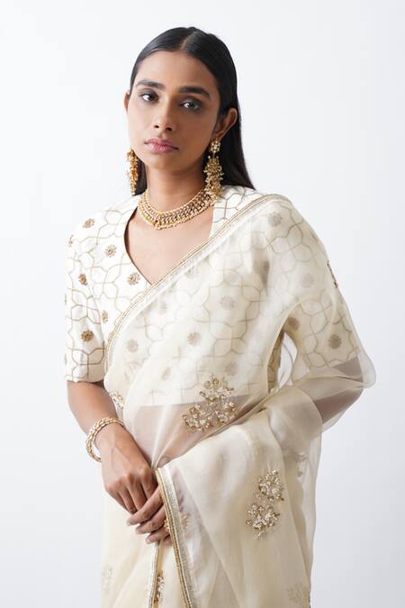 Shop_Rhua_Gold Pure Cotton Silk Zardozi Work Leaf Geometric Embroidered Saree With Blouse _Online_at_Aza_Fashions