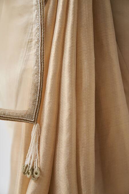 Rhua_Gold Pure Cotton Silk Zardozi Work Leaf Geometric Embroidered Saree With Blouse _at_Aza_Fashions