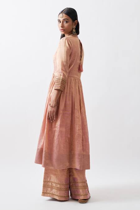 Rhua_Peach Organza, Pure Cotton Silk Floral V Handwoven Tissue Chanderi Anarkali Set_Online_at_Aza_Fashions