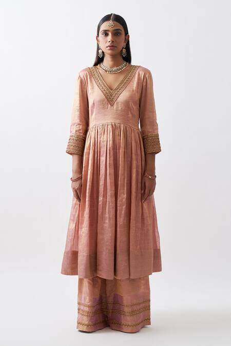Shop_Rhua_Peach Organza, Pure Cotton Silk Floral V Handwoven Tissue Chanderi Anarkali Set_Online_at_Aza_Fashions
