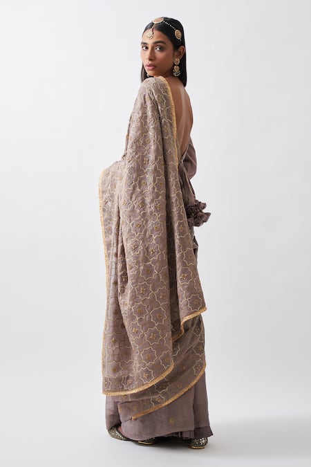 Shop_Rhua_Purple Cotton Silk Floral Round Handwoven Tissue Chanderi Saree With Blouse _at_Aza_Fashions