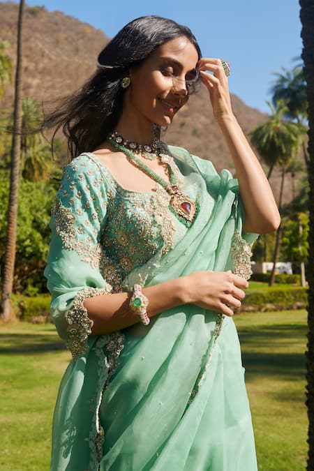 Shop Sahil Kochhar Blue Organza Blouse Raw U Neck Rabiya Saree Set at Aza Fashions Shop_Sahil Kochhar_Blue Organza Blouse Raw U Neck Rabiya Saree Set _at_Aza_Fashions