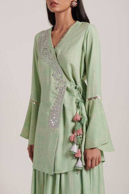 Inej_Green Rayon Flex Metal Sequins And Tassels V Neck Overlap Top & Sharara Set_at_Aza_Fashions