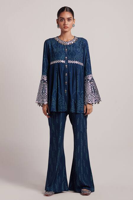 Inej_Blue Rayon Flex Metal Sequins And Ghungroos Embroidered Top & Bell Bottom Set_Online_at_Aza_Fashions