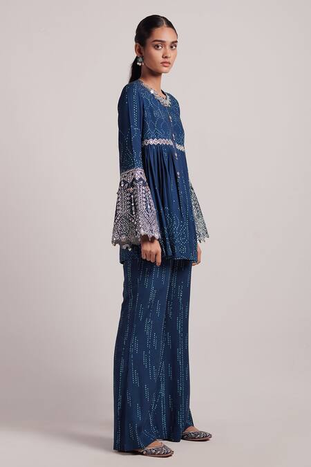 Buy_Inej_Blue Rayon Flex Metal Sequins And Ghungroos Embroidered Top & Bell Bottom Set_Online_at_Aza_Fashions