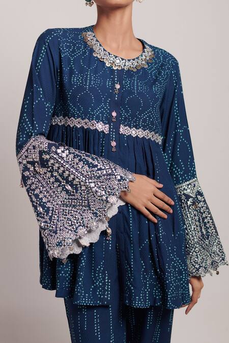 Shop_Inej_Blue Rayon Flex Metal Sequins And Ghungroos Embroidered Top & Bell Bottom Set_Online_at_Aza_Fashions